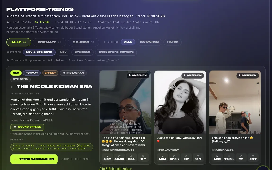 App-Ausschnitt — Plattform-Trends: ein Trend-Format mit Beschreibung, Messung und drei Beispiel-Reels