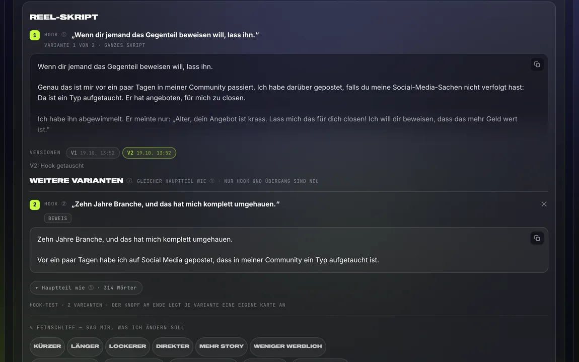 App-Ausschnitt — Reel-Skript mit Hook 1, einer zweiten Hook-Variante und den Feinschliff-Knöpfen