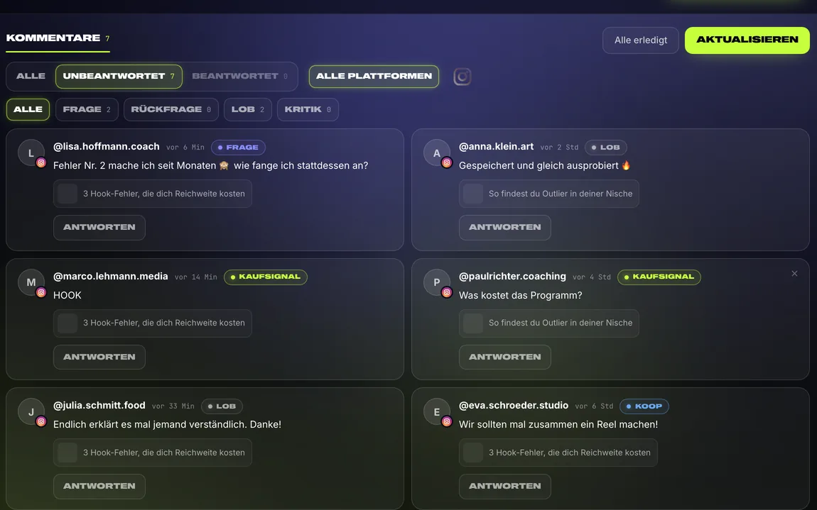 App-Ausschnitt — Kommentare: eingeordnet nach Frage, Lob, Kooperation und Kaufsignal (Namen und Texte sind Beispiele)