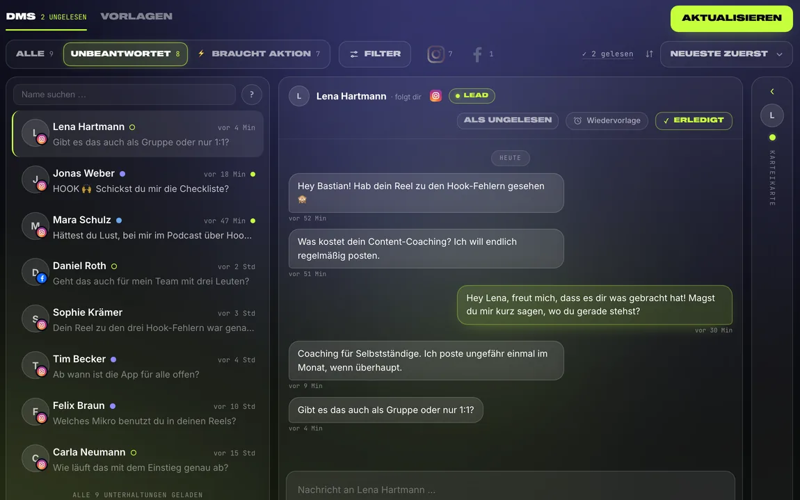 App-Ausschnitt — Inbox: Direktnachrichten mit geöffnetem Gespräch (Namen und Nachrichten sind Beispiele)