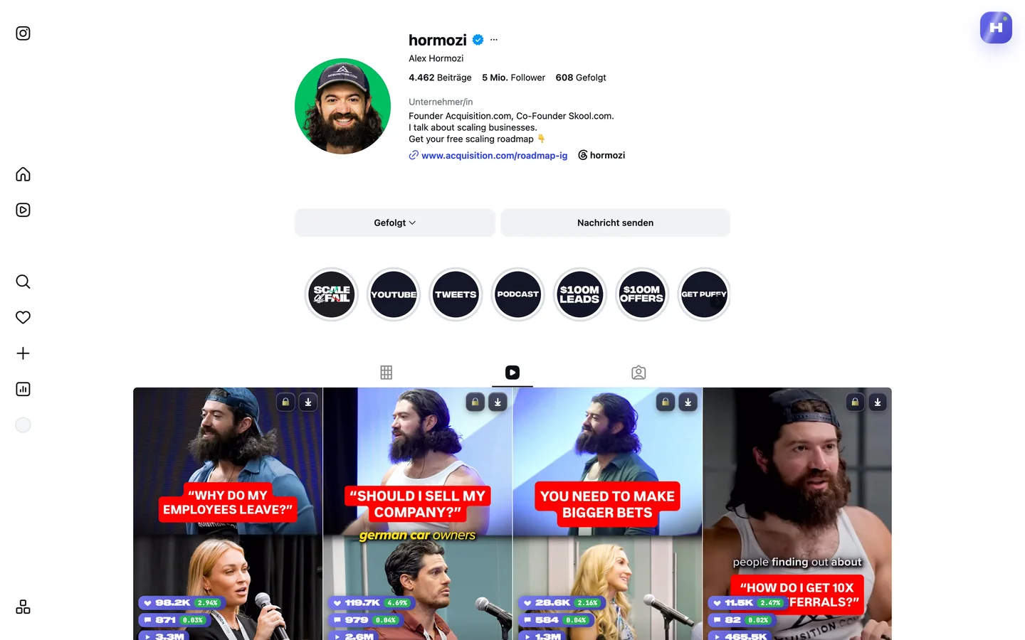 Ein Instagram-Profil mit der HOOKD-Erweiterung: Knopf oben rechts, Kennzahlen auf den Reels
