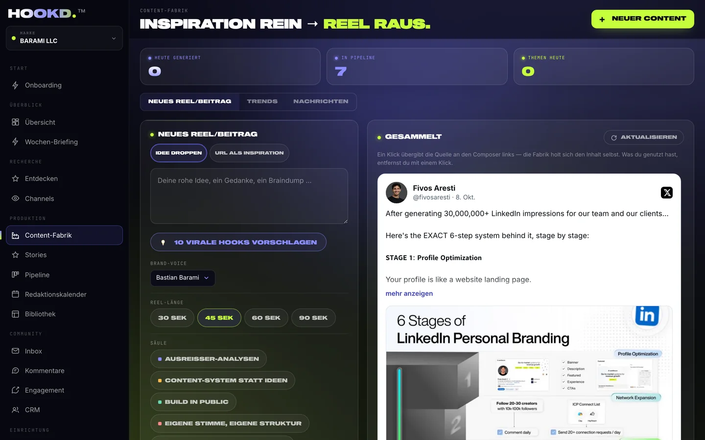 Content-Fabrik: links Idee oder Link eingeben, Brand Voice und Reel-Länge wählen, rechts die gesammelten Quellen