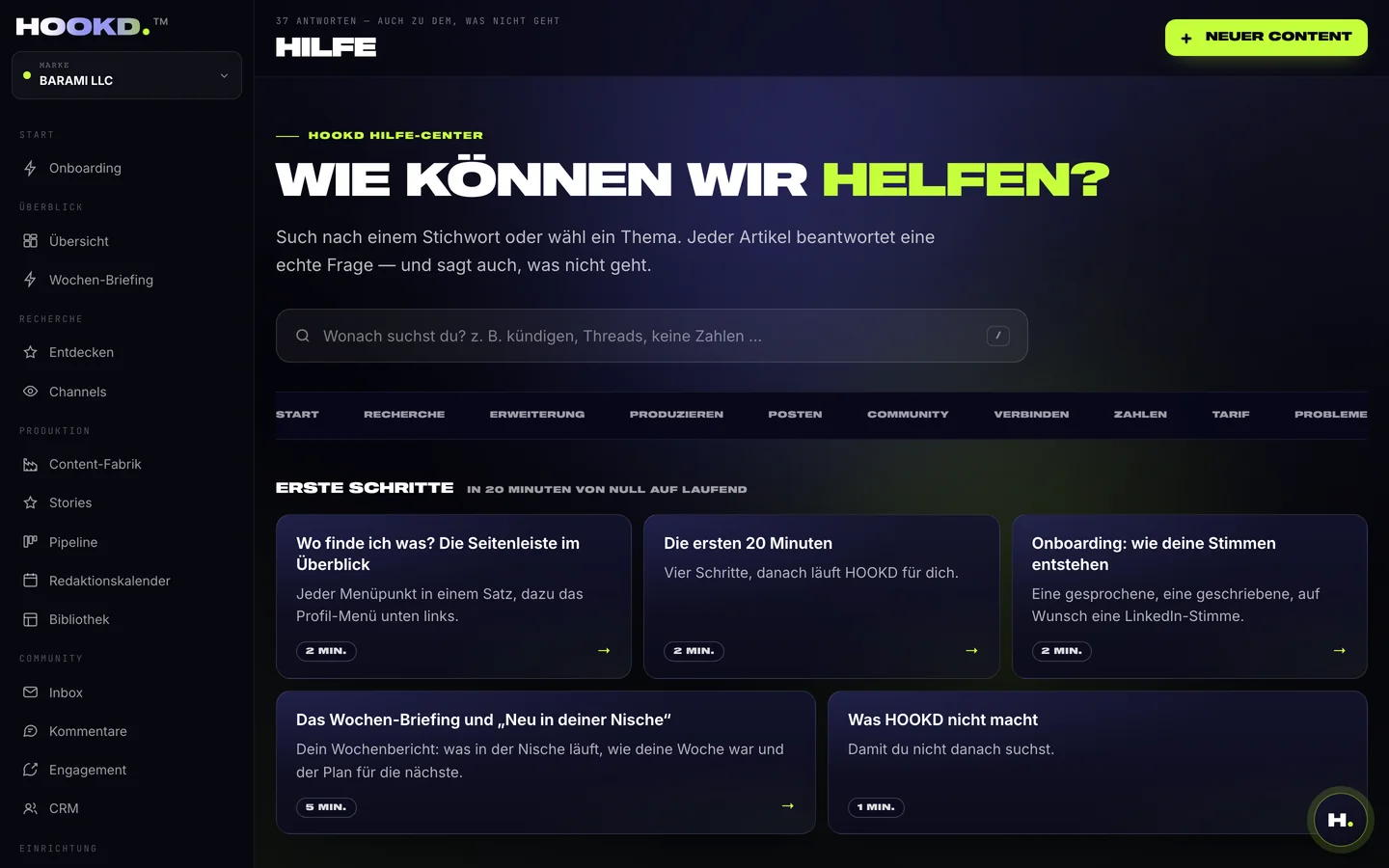 Hilfe-Center mit Suche und Themen, unten rechts der Knopf für den Assistenten