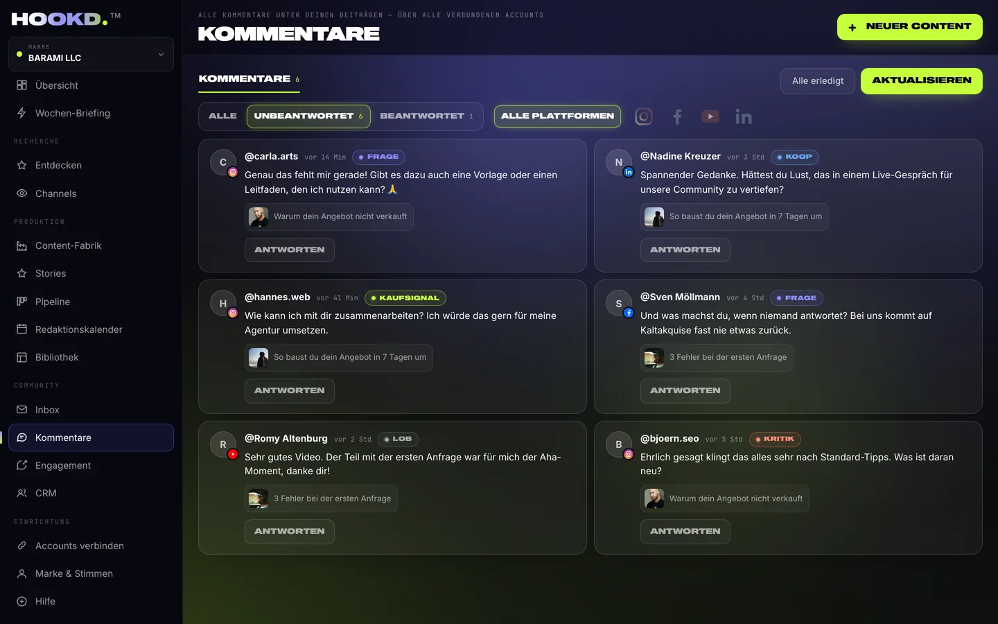 Kommentare aus Instagram, YouTube, LinkedIn und Facebook; ein Kommentar ist geöffnet, darunter drei Antwortvorschläge