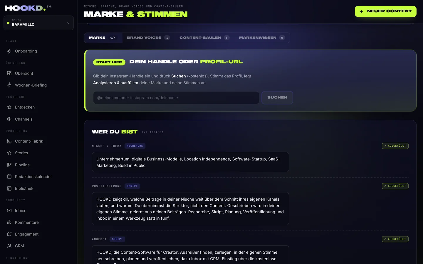 Marke & Stimmen: Nische, Positionierung und Angebot der Marke, darüber die Reiter Brand Voices, Content-Säulen und Markenwissen