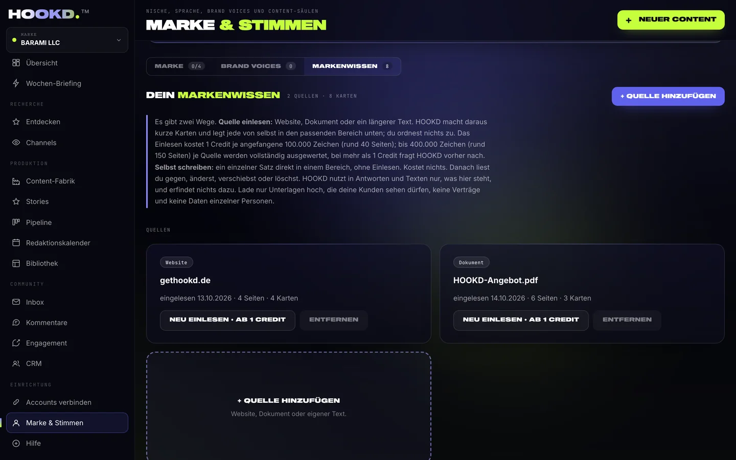 Marke & Stimmen, Reiter Markenwissen: zwei Quellen (Website und Dokument) und Wissenskarten nach Bereichen