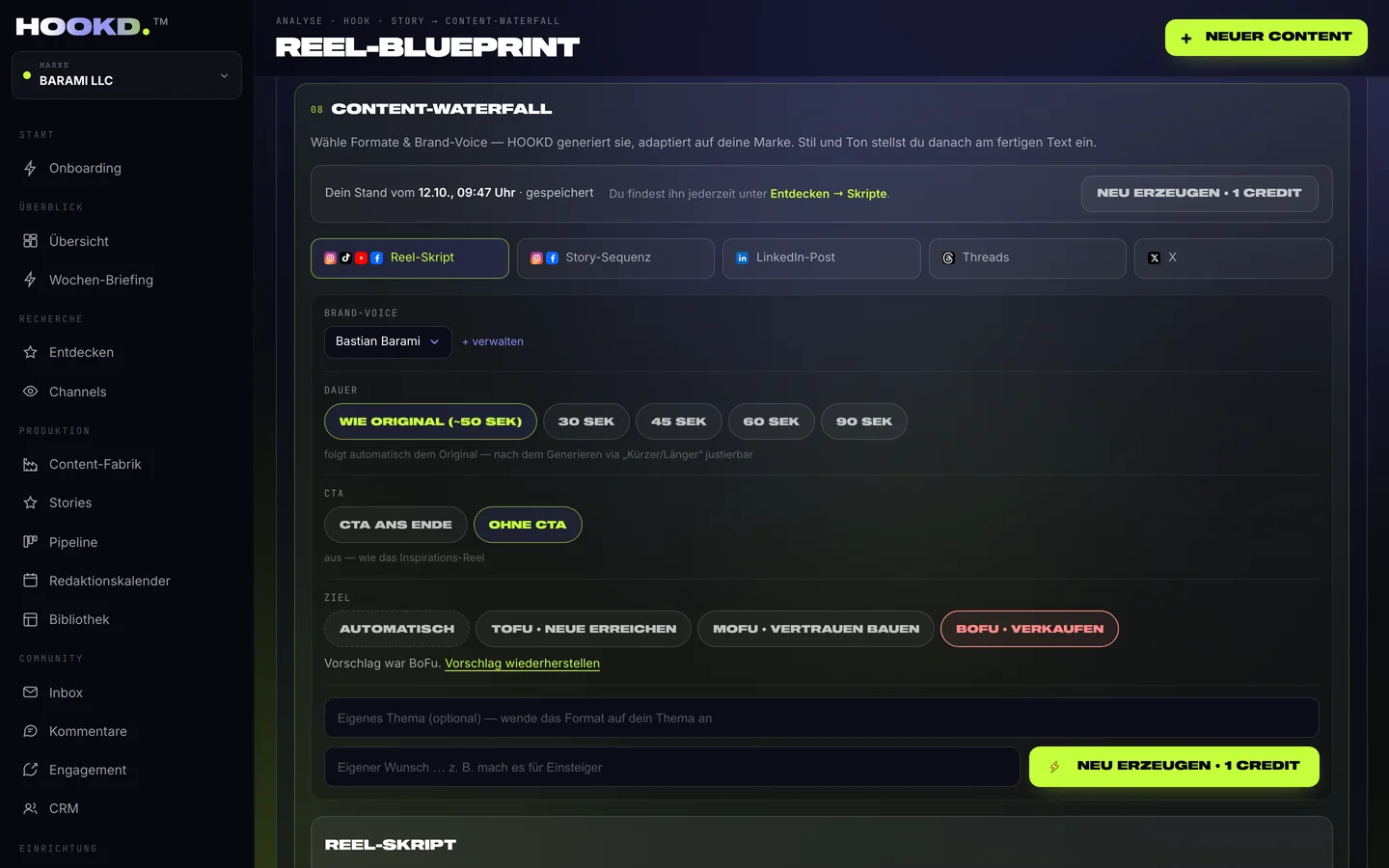 Content-Waterfall im Reel Blueprint: Formate, Brand Voice, Dauer, CTA und Ziel wählen